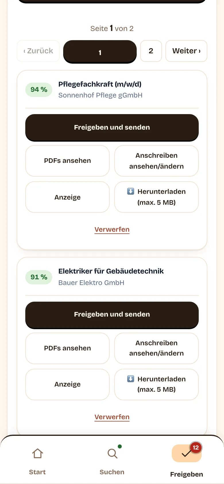 Bewerbung freigeben