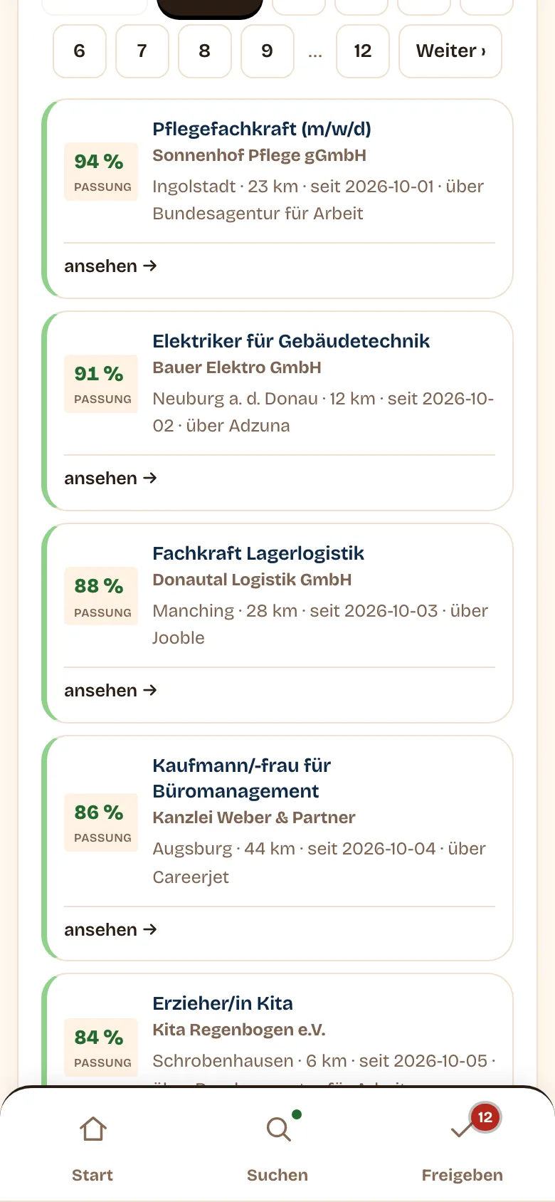 Trefferliste der App